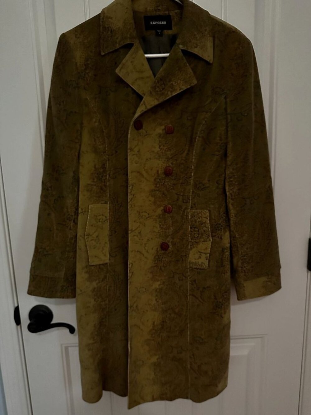 Express Women's Paisley Chenille Long Jacket Coat, Size 6, Olive/Brown Multi